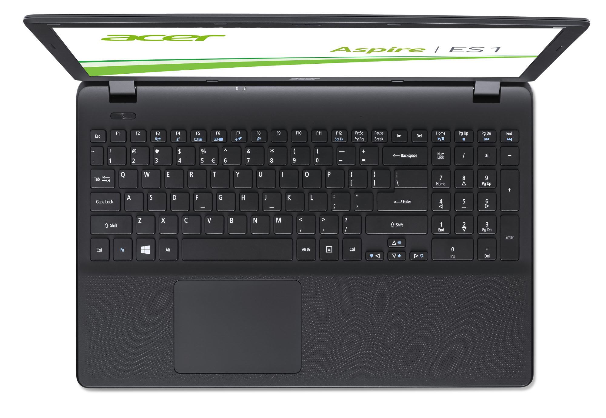 Draufsicht auf einen schwarzen Acer Aspire Laptop. Der Bildschirm ist geöffnet.