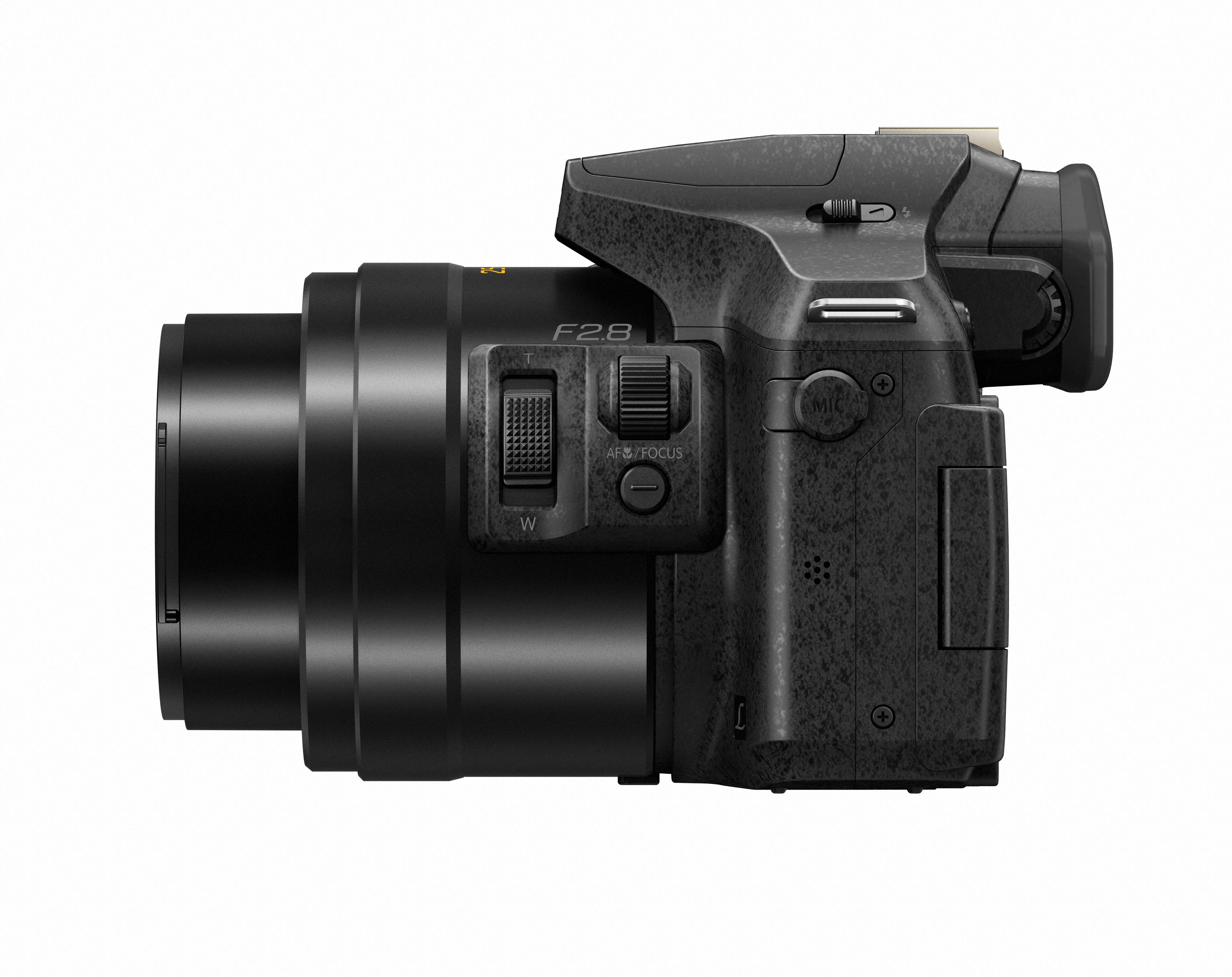 Fotocamera nera, vista laterale, su sfondo bianco. Lente a sinistra, controlli a destra.