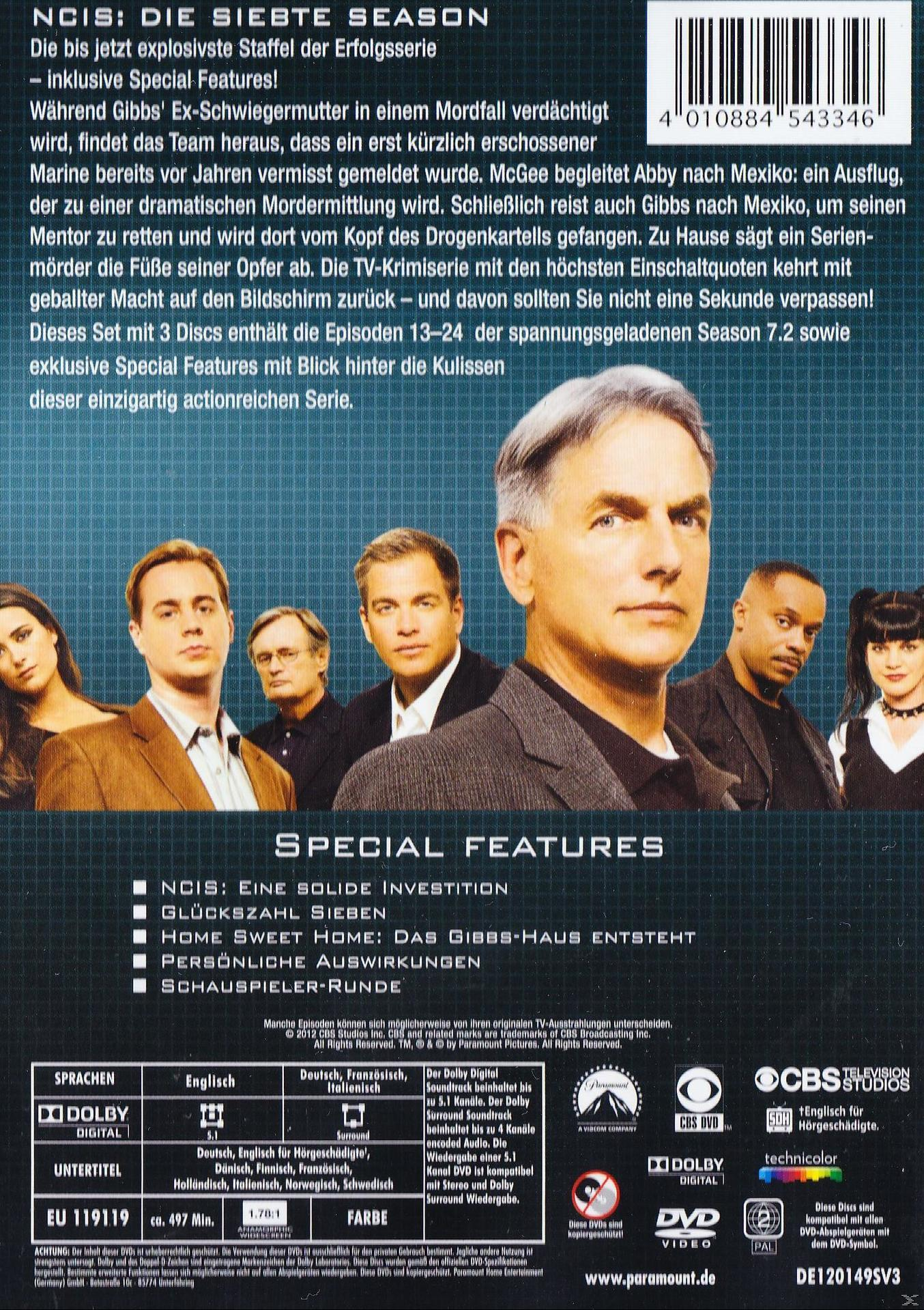 Rückseite einer NCIS-DVD-Hülle. Das Cover zeigt Schauspieler, Text und eine Szene.