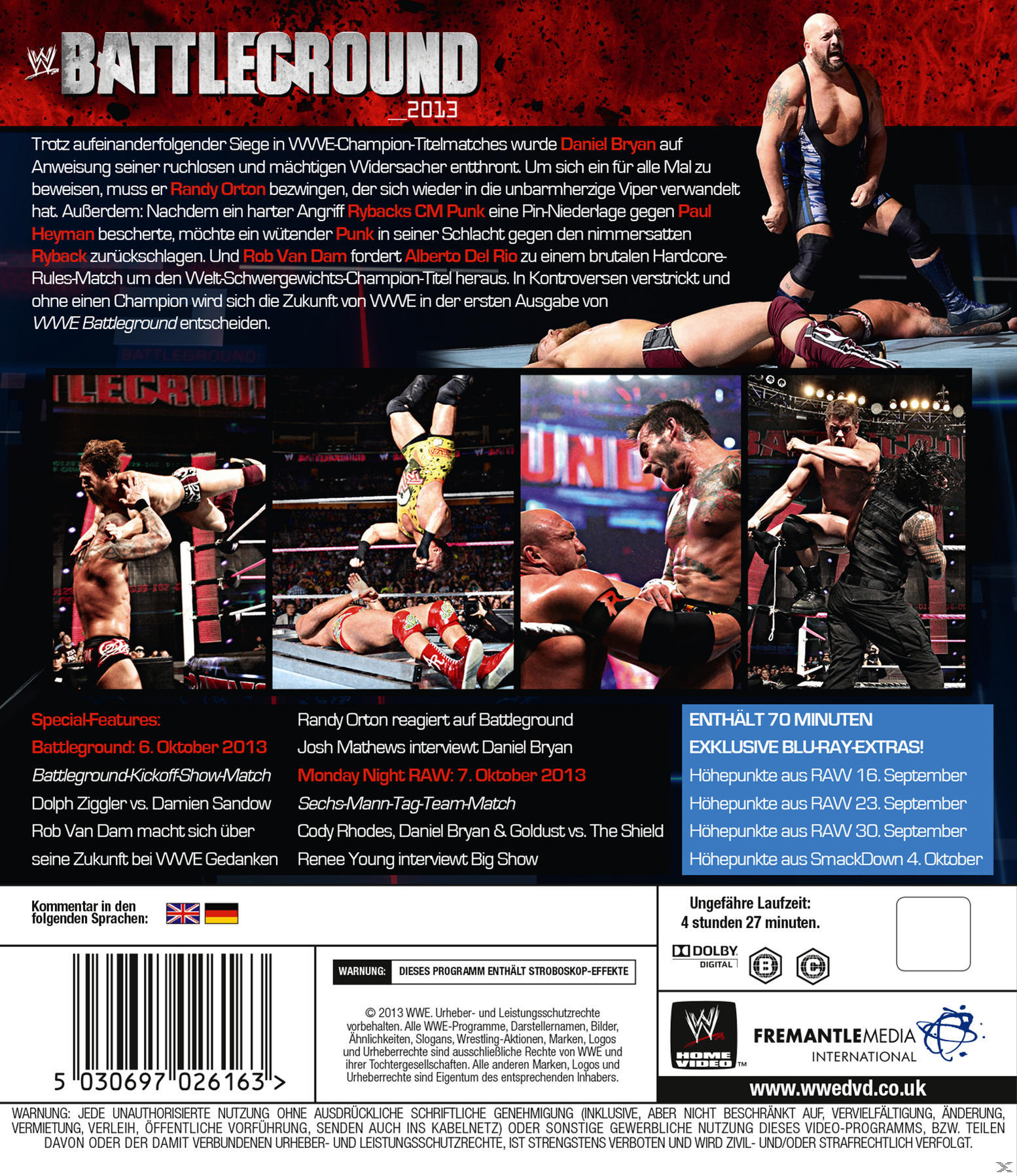 DVD-Hülle für WWE: Battleground 2013. Sie zeigt Wrestler und Veranstaltungsdetails.