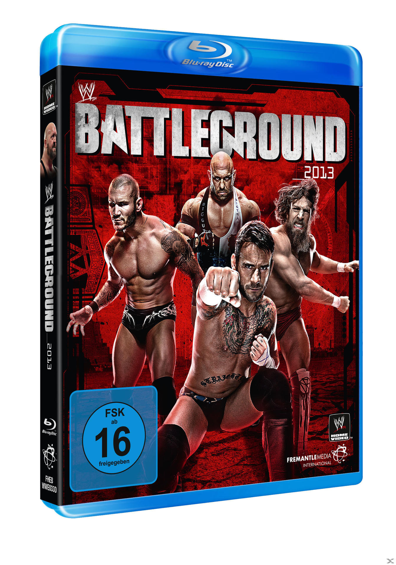 Eine Blu-ray Disc Hülle mit Wrestlern. Der Titel lautet 'WWE Battleground 2013'.