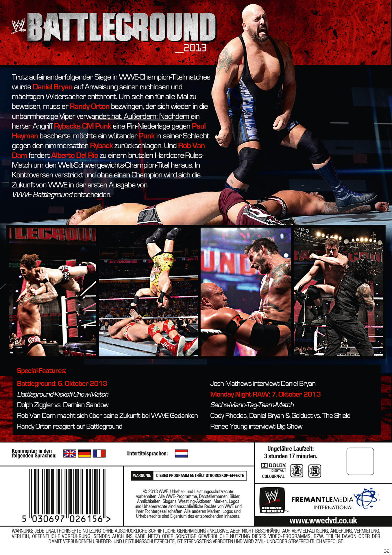 DVD-Cover für WWE Battleground 2013, Wrestler in Aktion, Text in mehreren Sprachen.
