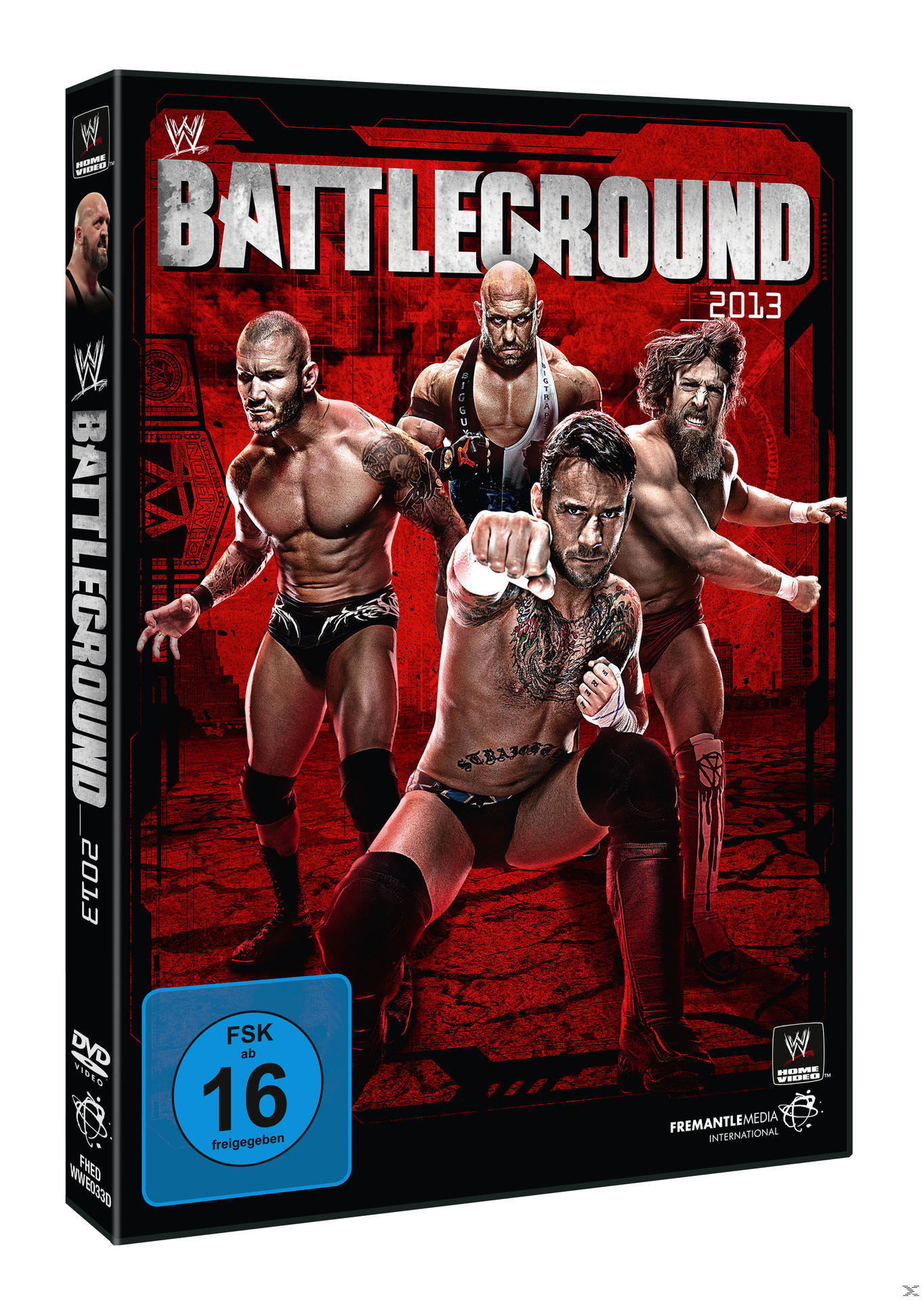 WWE Battleground 2013 DVD-Cover. Wrestler auf dem Cover, roter und schwarzer Hintergrund, Bewertung und Logo.