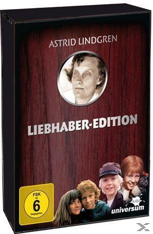 DVD-Box mit einem Porträt von Astrid Lindgren und Kindern, einem holzähnlichen Hintergrund.