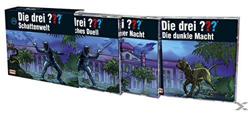 Vier Die drei ??? Buchcover: Schattenwelt,  ches Duell,  Geister Nacht,  dunkle Macht.