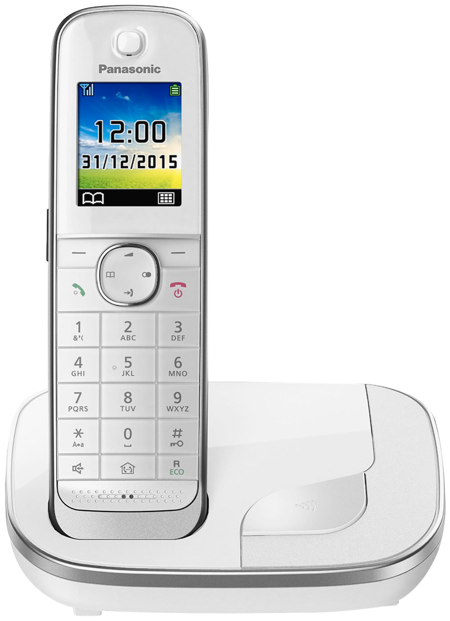 Weißes schnurloses Panasonic-Telefon mit einem Bildschirm, der Zeit und Datum anzeigt. Die Basis ist weiß mit silbernen Zierleisten.