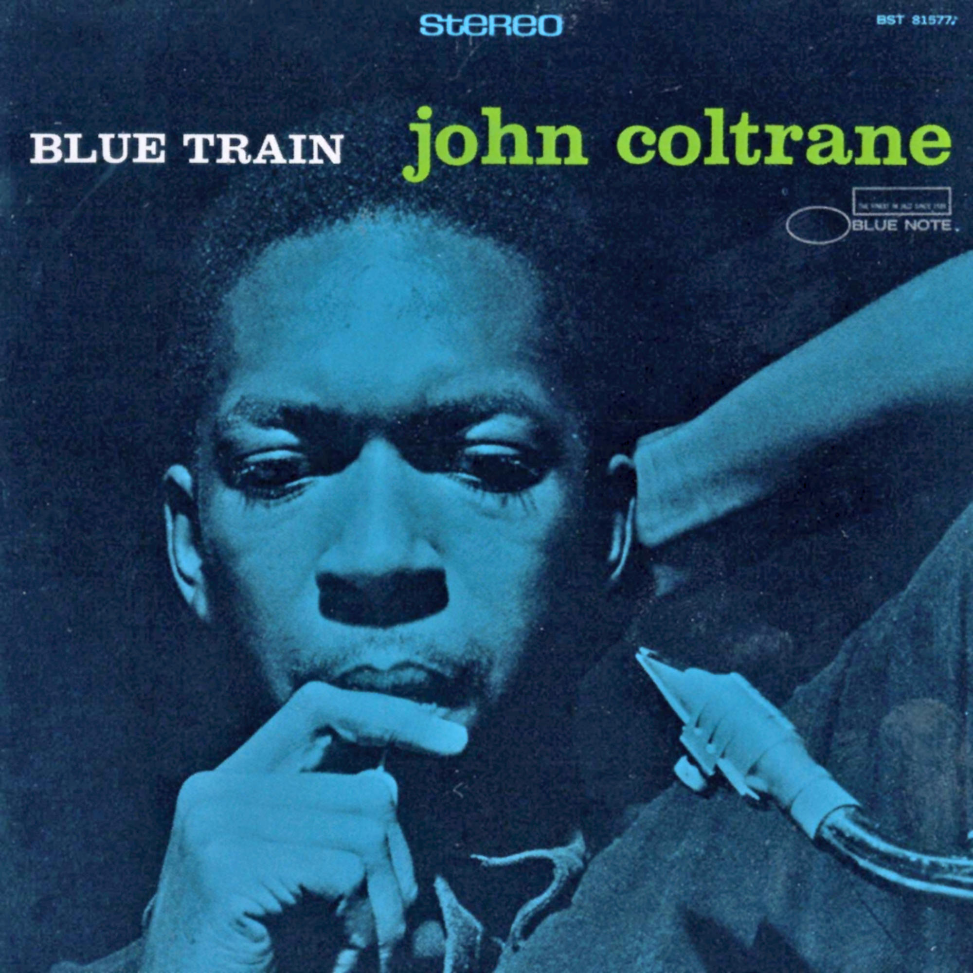 Blue Train Albumcover, John Coltrane, Blautöne, Gesicht Nahaufnahme.