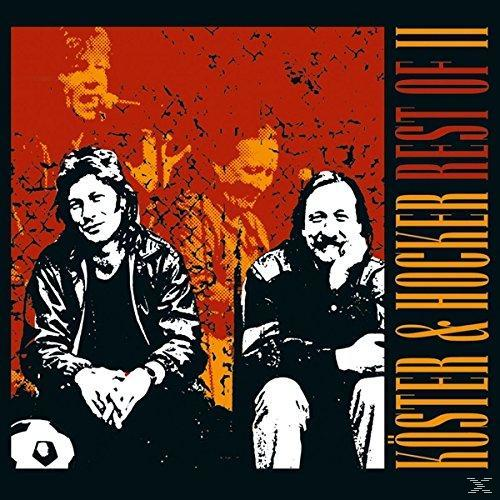 Albumcover: Köster & Hocker Rest of II. Zwei Männer sitzen, einer mit einem Fußball. Roter und schwarzer Hintergrund.