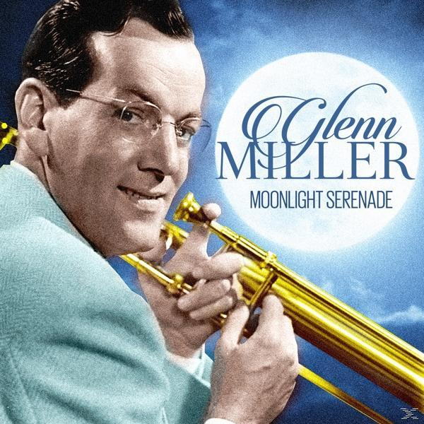 Glenn Miller Albumcover. Mann mit Brille, spielt Posaune. Blauer Hintergrund mit Mond. Text 'Moonlight Serenade'.