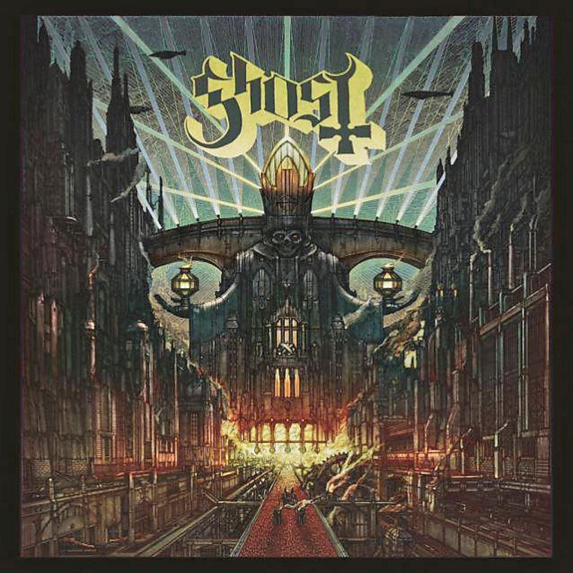Pochette d'album avec une ville gothique. Fond noir avec du texte.