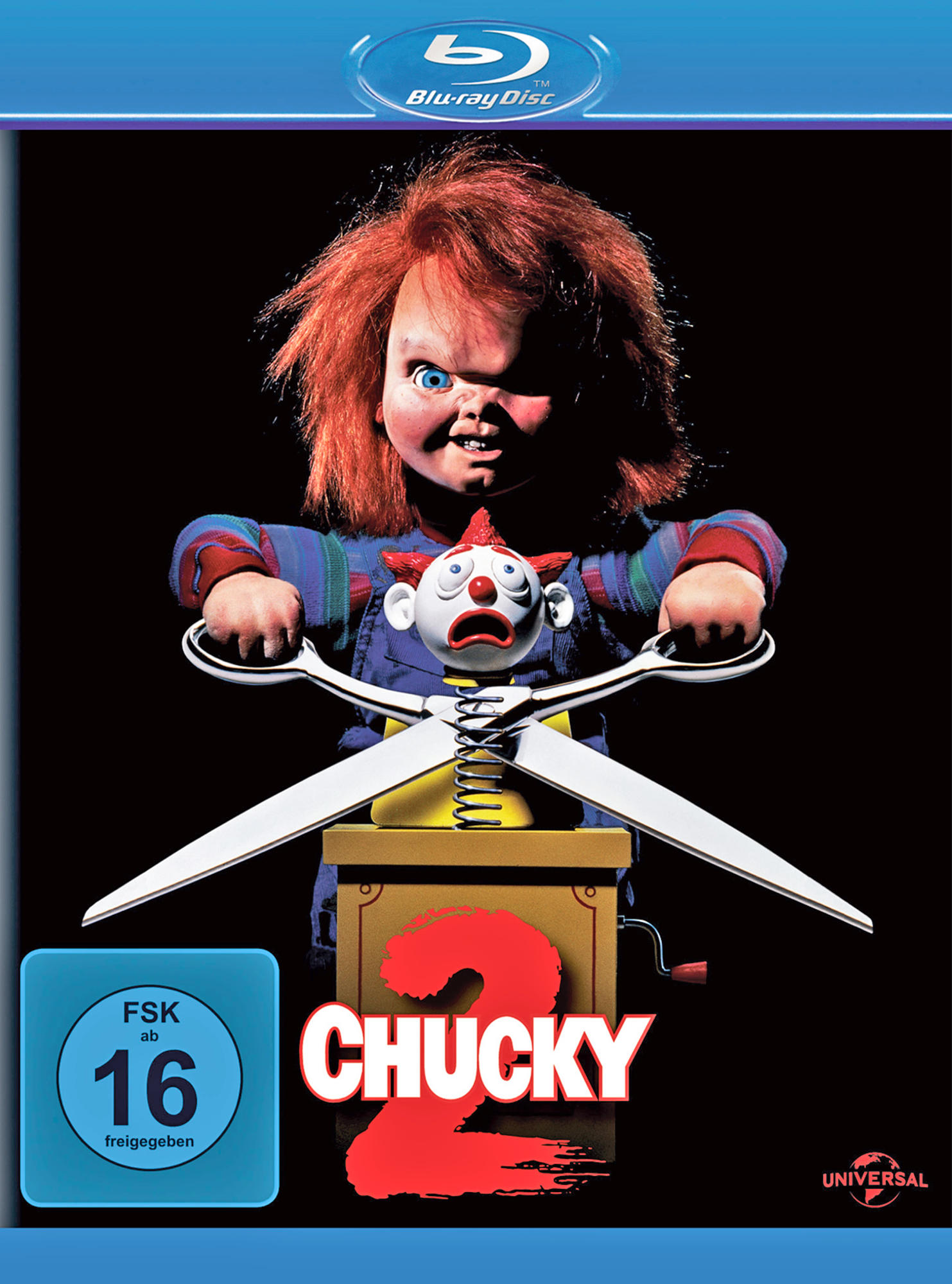 DVD-Cover: Chucky-Puppe mit Schere und einem Clown. Der Titel lautet Chucky 2. Blauer Hintergrund.