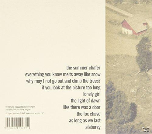 Die Rückseite eines Albums mit Text. Der Text enthält Songtitel und Autorenangaben. Das Bild hat eine Scheune.