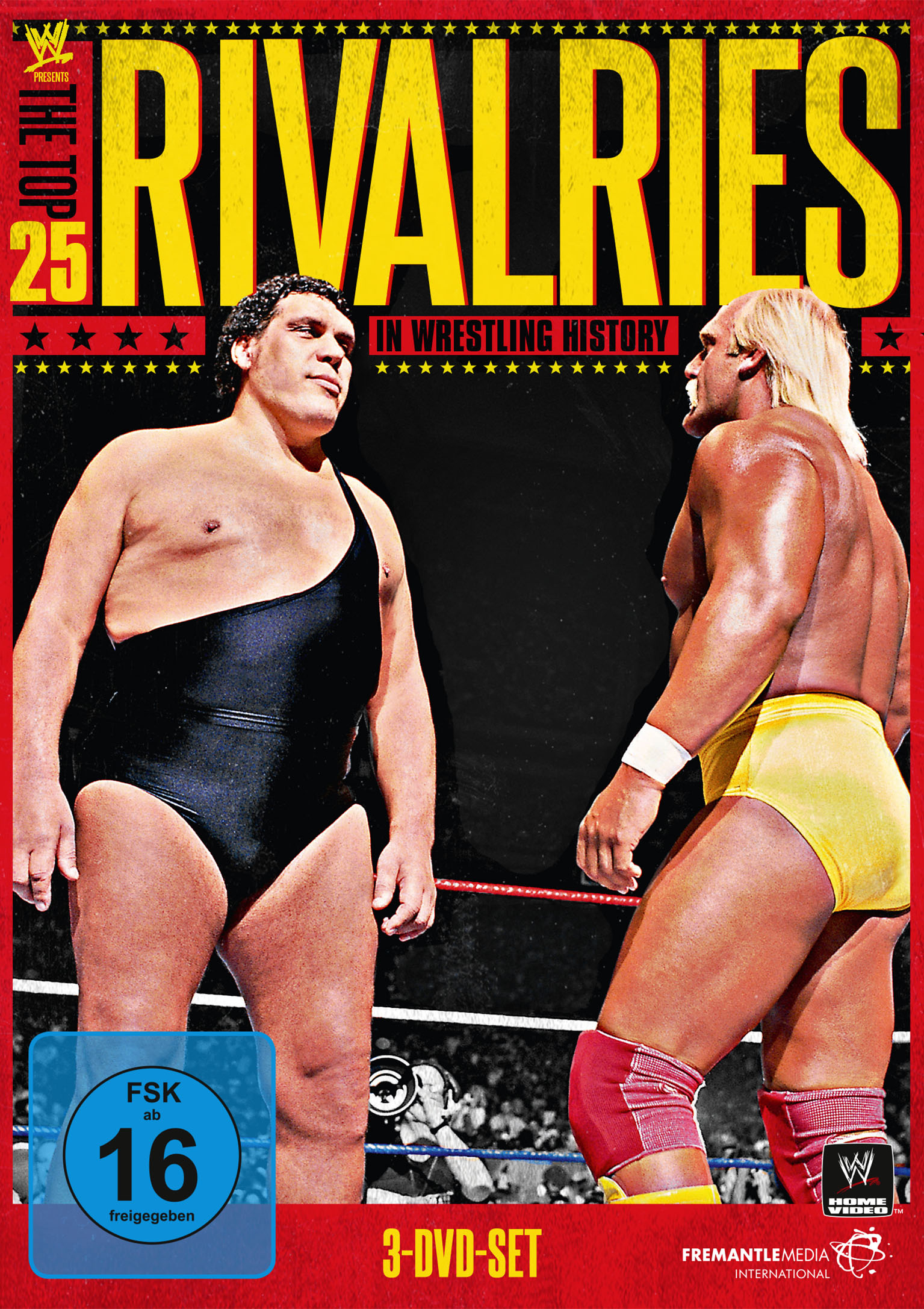 Zwei Wrestler im Ring, eine DVD-Hülle mit rotem und schwarzem Hintergrund.