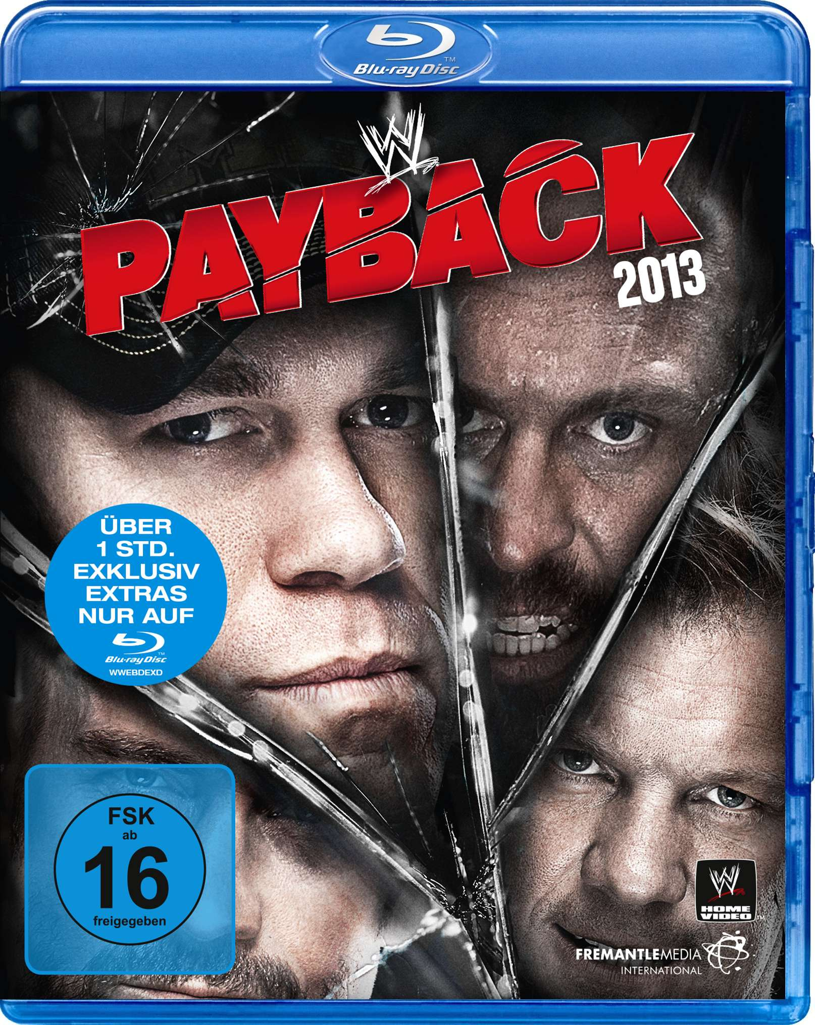 Blu-ray-Cover mit den Gesichtern von drei Männern. Text sagt 'Payback 2013'.