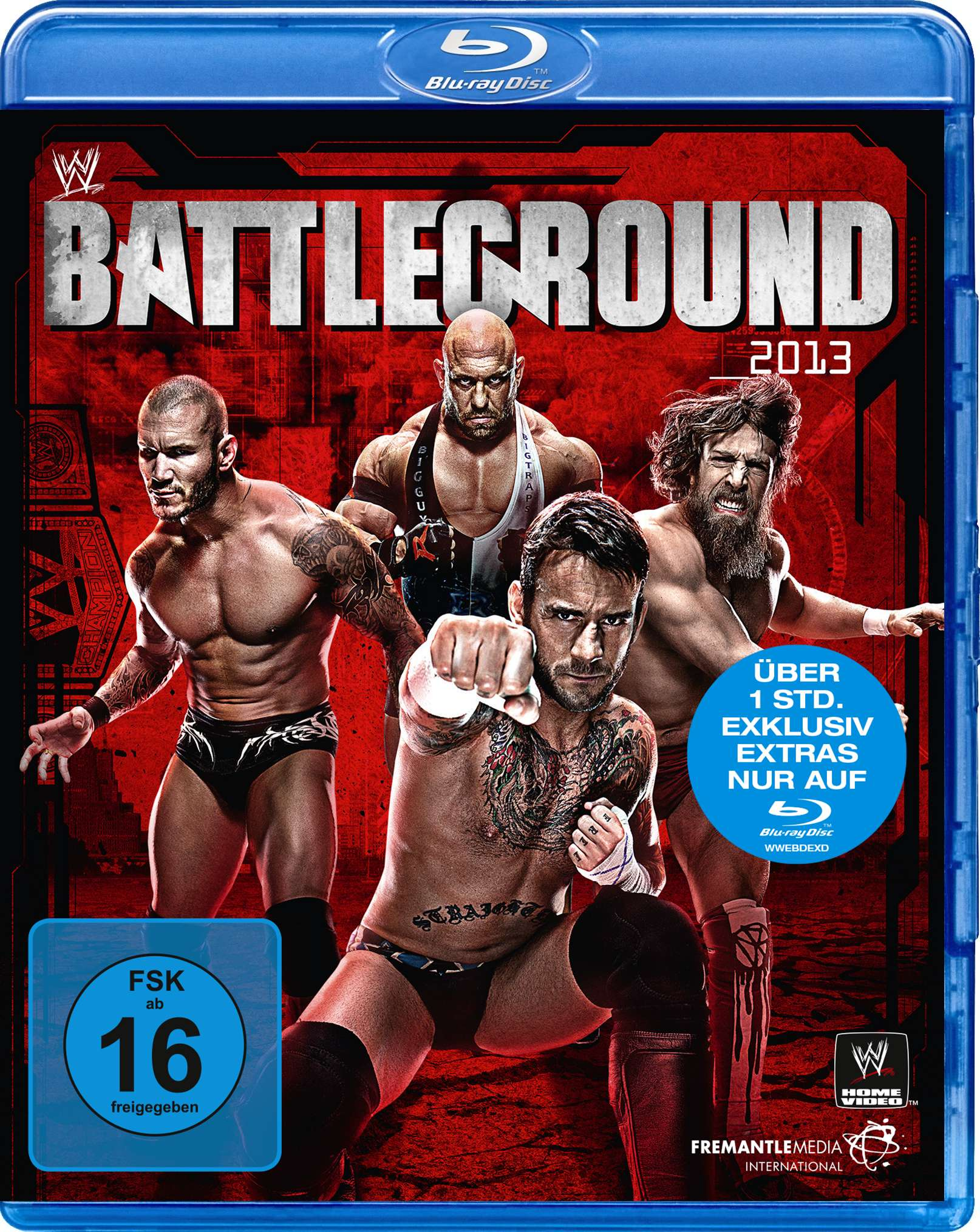 WWE Battleground 2013 Blu-ray-Cover. Wrestler CM Punk, Randy Orton, Ryback und Daniel Bryan auf der Vorderseite.
