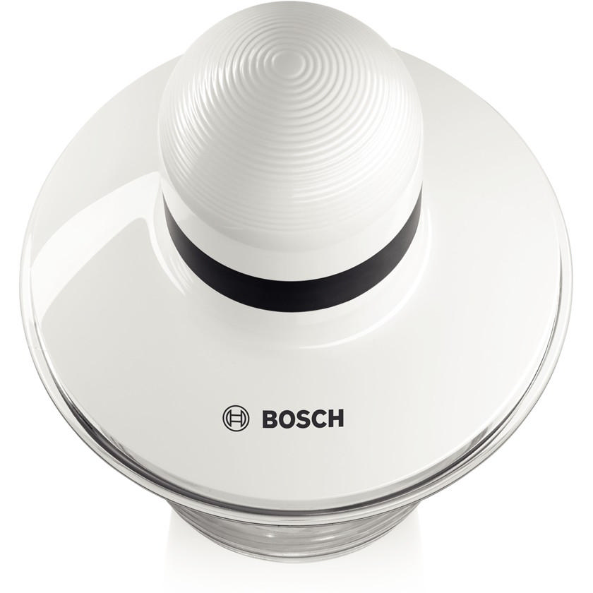 Beyaz ve siyah bir mutfak aleti, yukarıdan bir Bosch mutfak robotu.