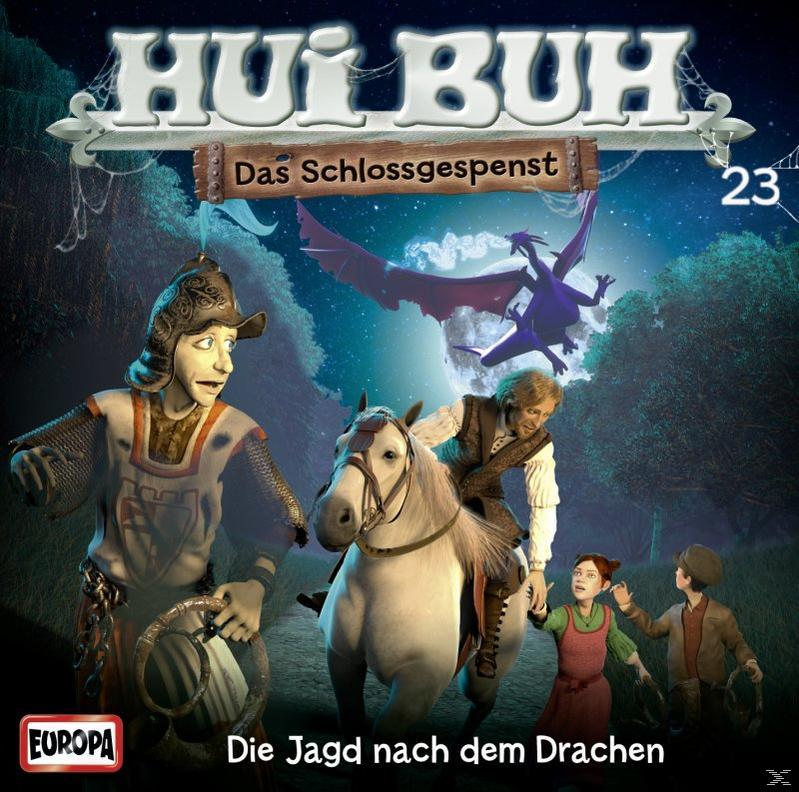 Cover für eine deutsche Kinder-CD. Ein Ritter, ein Junge und ein Mädchen schauen einen Drachen an.
