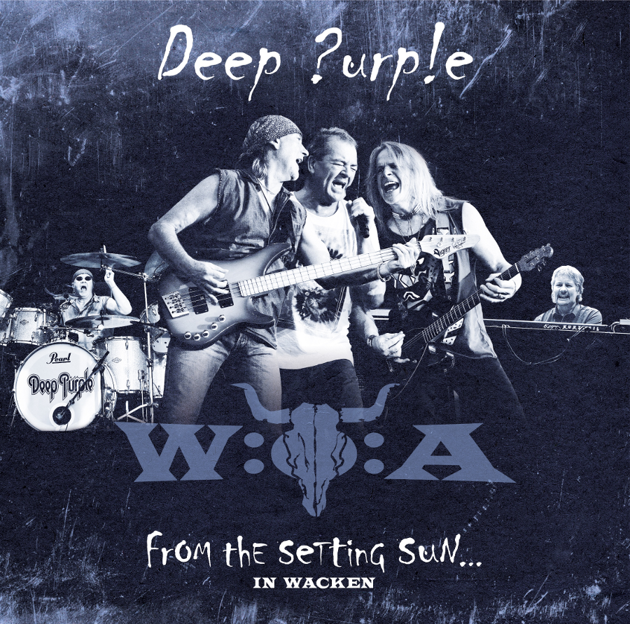A Deep Purple album borítója. Három zenekari tag énekel és hangszeren játszik a színpadon.