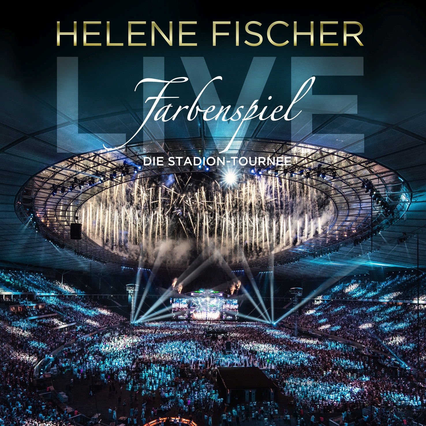 Konzertszene, Helene Fischer, Bühne, Feuerwerk und Publikum.