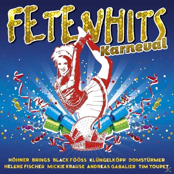 Fetenhits Karneval Albumcover. Eine Frau in einem Kostüm springt hoch. Blaue, rote und goldene Farben.