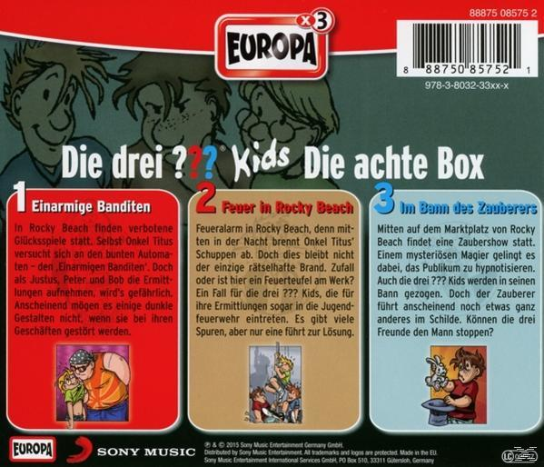 Rückseite einer Die Drei ??? Kids CD. Drei Kinder sind abgebildet, mit Titeln von drei Geschichten im Hintergrund.