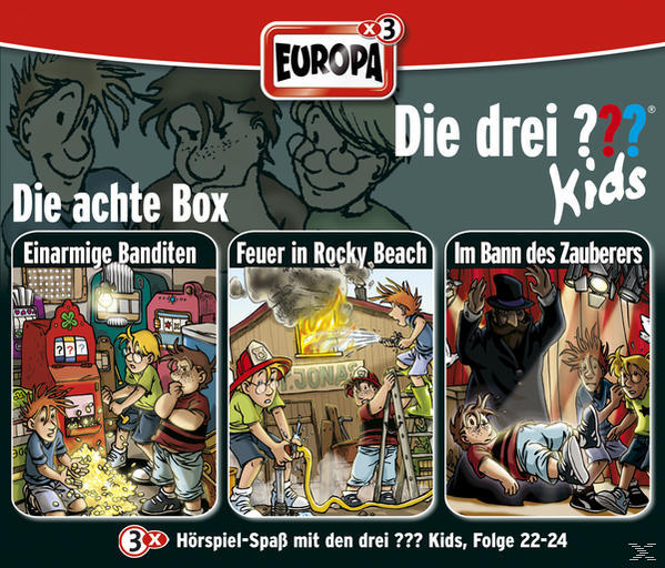 Drei Comic-Cover für Die Drei ??? Kids Hörbücher. Die Cover sind in deutscher Sprache.