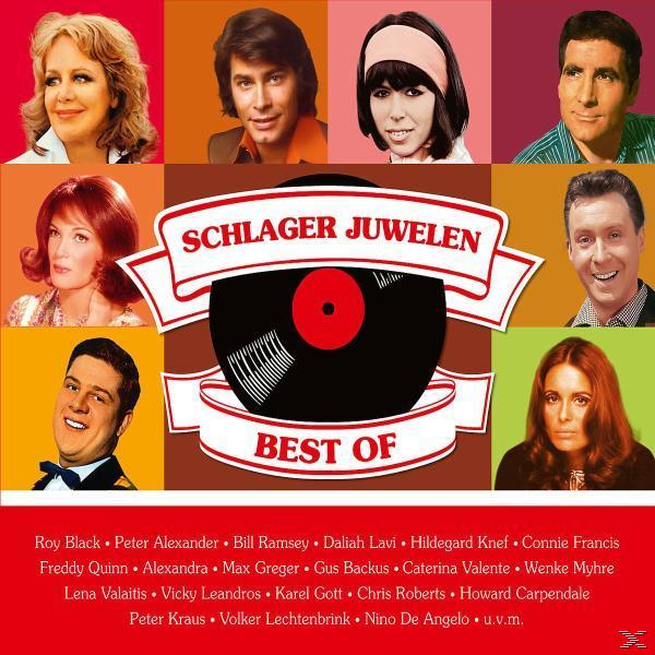 Albumcover mit einer Zusammenstellung von Künstlern, einer Schallplatte und Text.