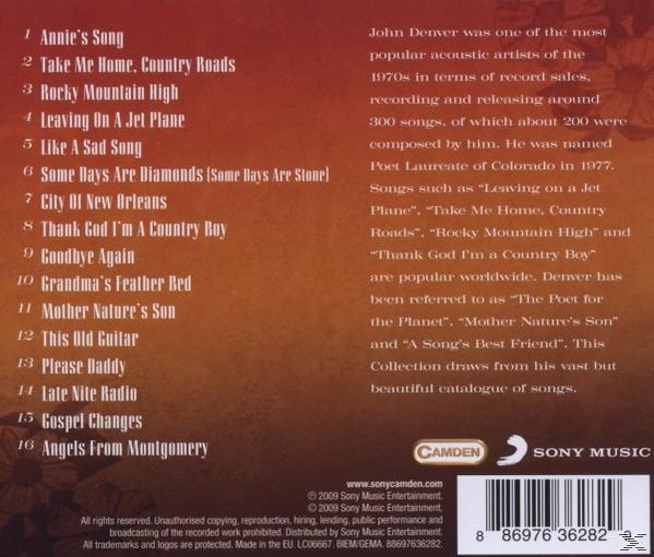 Album hátlapja John Denver-ről szóló szöveggel és számlistával. Főleg fehér szöveggel és logóval.