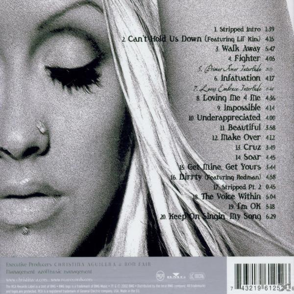 Albumcover von Christina Aguilera. Nahaufnahme ihres Gesichts. Schwarzweiß. Tracklist rechts.