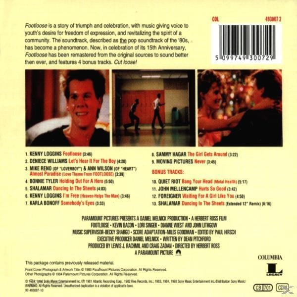 Rückseite des Footloose-Soundtracks. Enthält Fotos und Titelliste. Mit Kevin Bacon und anderen Schauspielern.