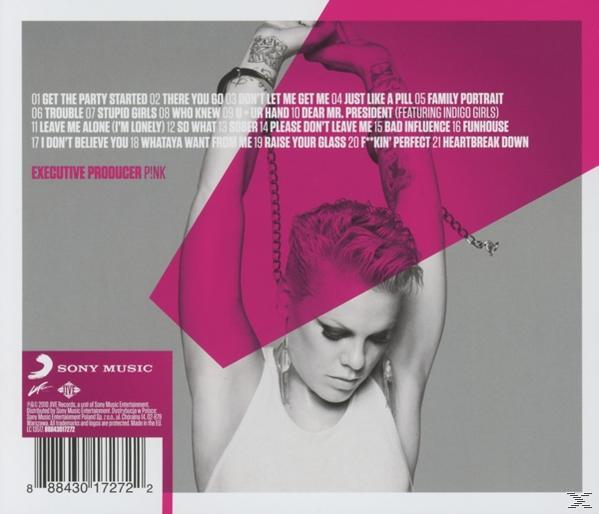 Pink Albumcover. Pinks Rücken wird mit Tätowierungen und einer Titelliste gezeigt. Der Text ist weiß.