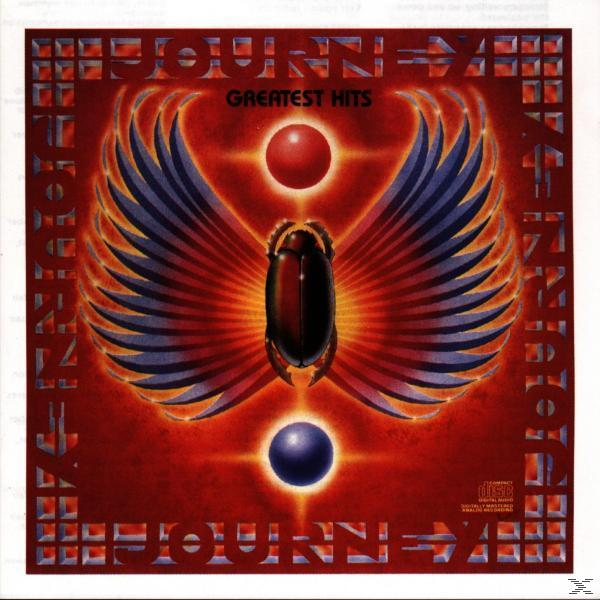 Albumcover von Journey's Greatest Hits. Zeigt einen geflügelten Skarabäus und zwei Kugeln.
