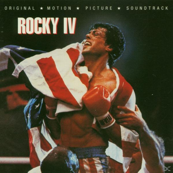 Rocky IV Soundtrack-Cover: Stallone als Boxer, der die US-Flagge umarmt.