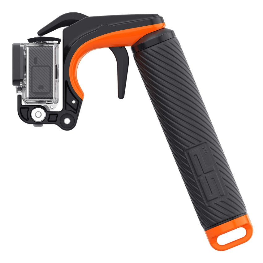 An orange and black action camera grip with a handle. A clear case holds the camera. The handle is textured and has a loop.