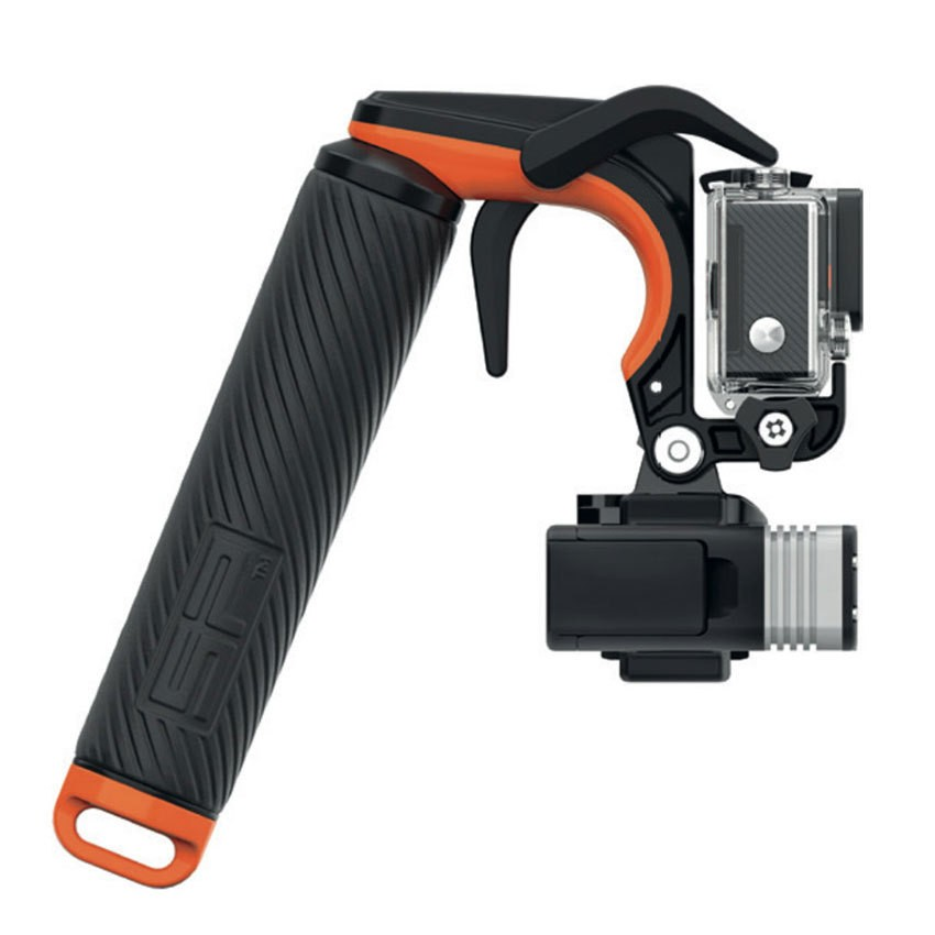 A black and orange GoPro camera grip. It has a ribbed handle, an orange trigger, and a clear waterproof case for the camera.