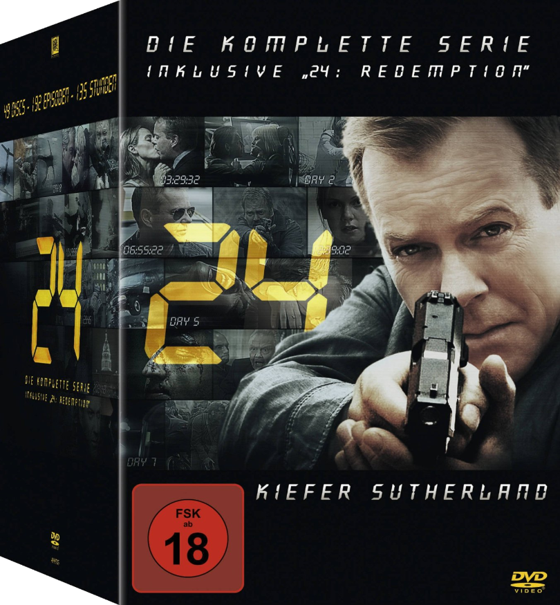 DVD-Box der Serie 24. Kiefer Sutherland auf dem Cover, eine Waffe haltend. Enthält den Text 'Die komplette Serie'.