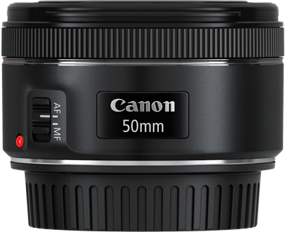 A Canon 50mm lens with the Canon logo and a focus switch. The lens is black and cylindrical.
