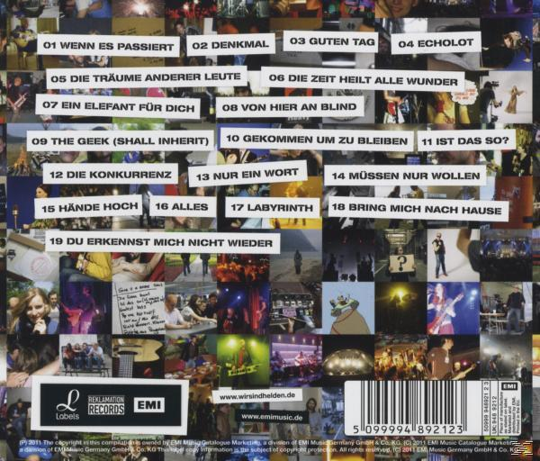 CD-Cover-Collage. Viele kleine Bilder mit Text auf Deutsch. Weißer Text auf schwarzem Hintergrund.