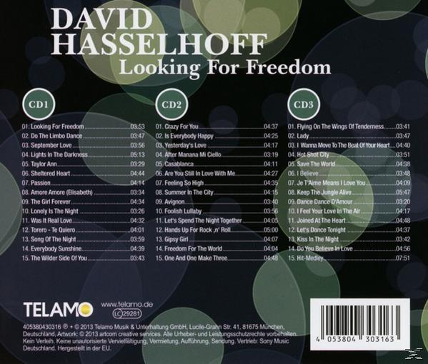 CD-Cover für David Hasselhoffs "Looking for Freedom". Enthält eine Liste von Titeln auf einem dunklen, abgestuften Hintergrund.