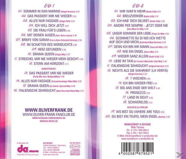 Albumcover. Titellisten von CD1 und CD2. Website und Kontaktinformationen für Oliver Frank und DA-MUSIC.