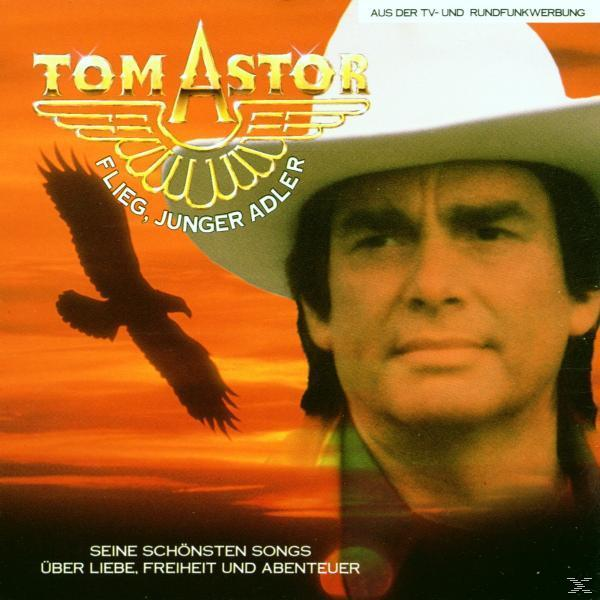 Albumcover mit Tom Astor im Cowboyhut. Links ein fliegender Adler. Text: Tom Astor, Flieg, Junger Adler.