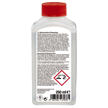 Flasche Waschmaschinenreiniger, mit Text und Warnsymbolen auf dem Etikett.
