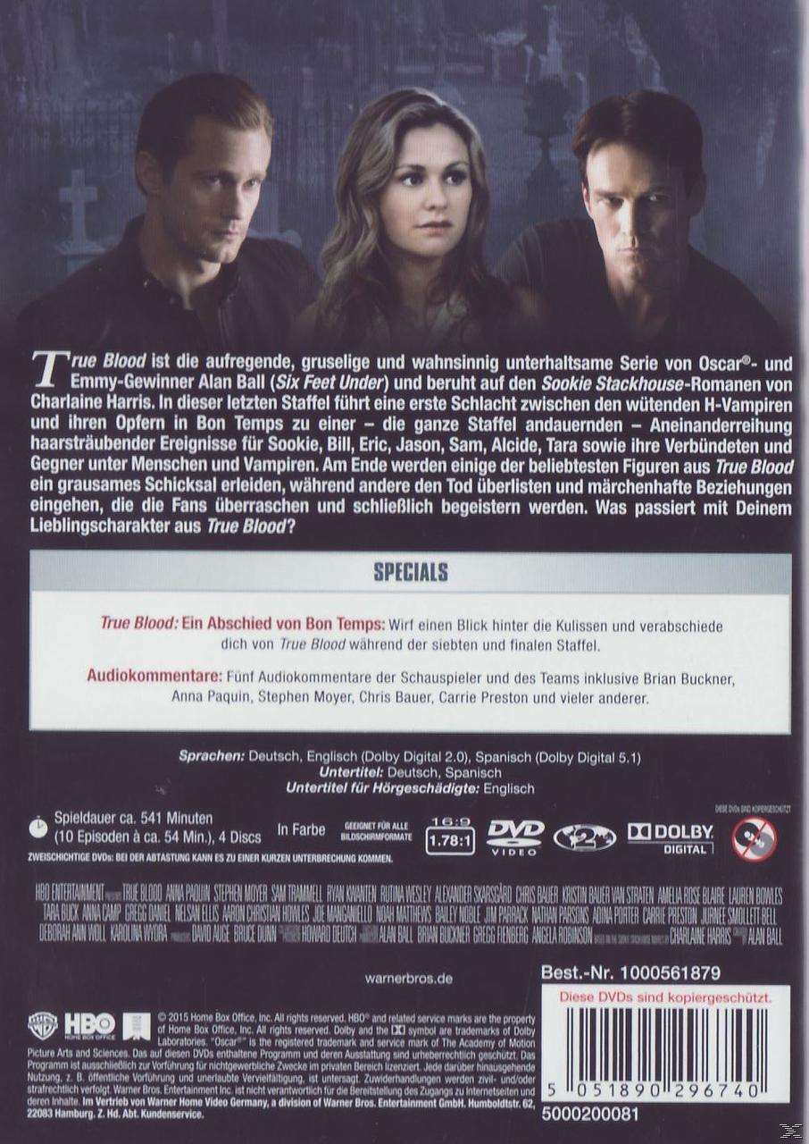 DVD-Cover für True Blood. Drei Personen im Vordergrund, mit Text und Logos.