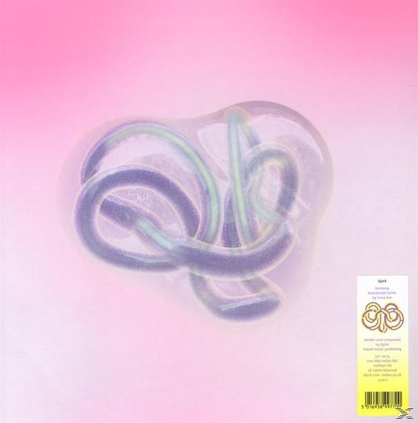Albumcover mit einer bunten, abstrakten Form auf pinkfarbenem Hintergrund.
