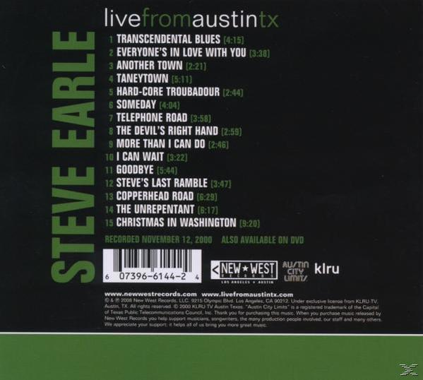 A "Live from Austin, TX" Steve Earle lemez hátlapja. A számlista és a stáblista látható. A borító zöld.