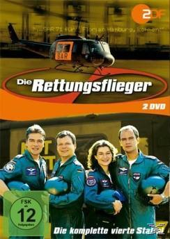 DVD-Cover mit vier Personen in blauen Uniformen, einem Hubschrauber und dem Titel "Die Rettungsflieger".