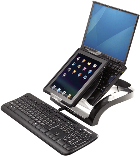 Black laptop stand with a laptop and a keyboard.