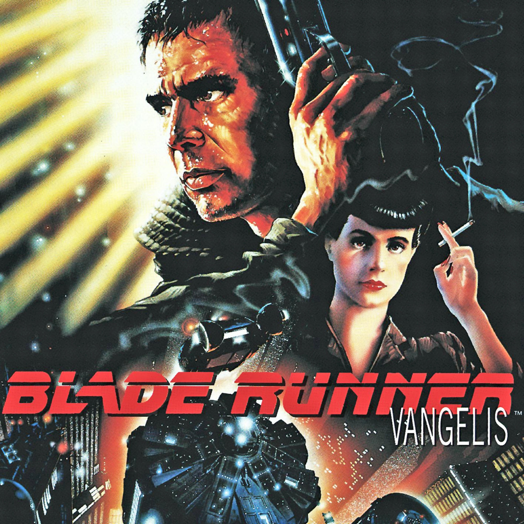 Blade Runner-Filmplakat. Harrison Ford, Frau mit Zigarette, futuristische Stadtkulisse im Hintergrund.
