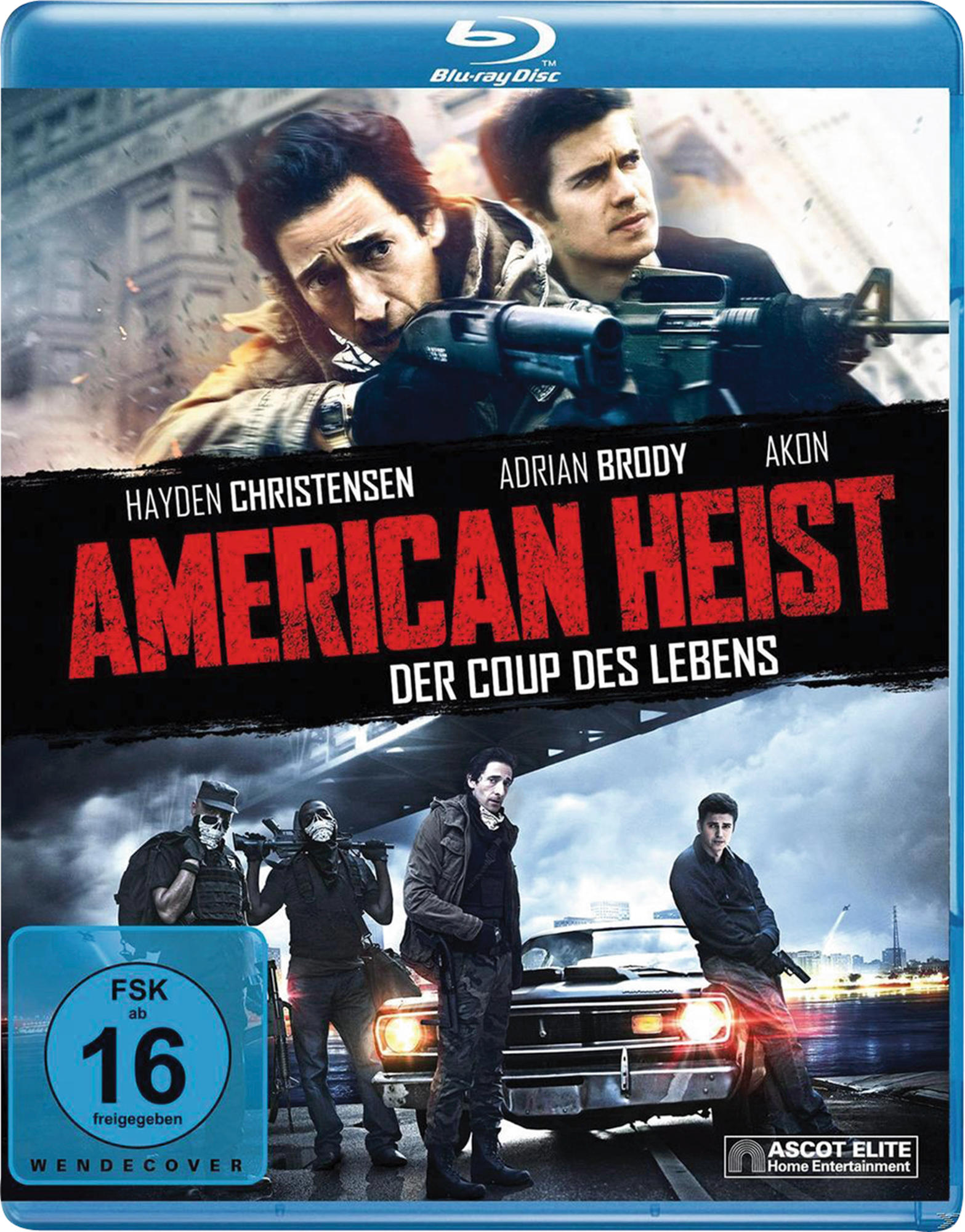 DVD-Cover für 'American Heist'. Männer mit Waffen, ein Auto und eine Stadtkulisse. Text auf Deutsch.