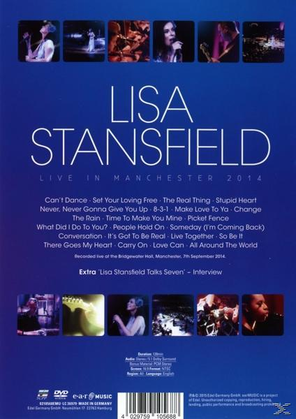 Lisa Stansfield live in Manchester 2014 DVD-Cover mit Titelliste, Bildern von ihr beim Auftritt und blauem Hintergrund.